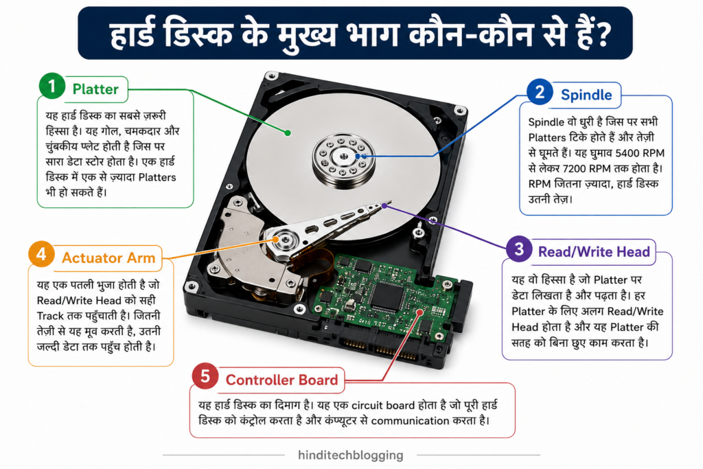 हार्ड डिस्क के मुख्य भाग कौन-कौन से हैं